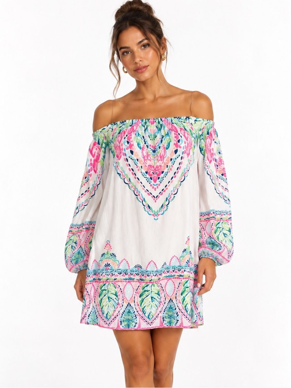 LILLY PULITZER Nevie Off the Shoulder Dress in White Pink & Green Print Size XS
